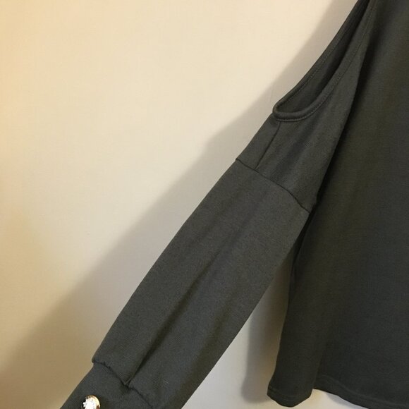 Olive Knit Off Shoulder Cold Sholder Sweater With Heraldry Buttons - Picture 4 of 15